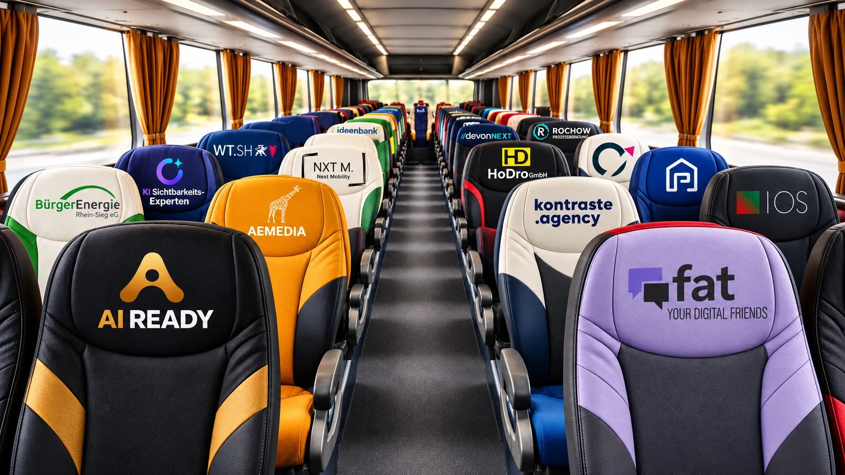 Bussitze mit Logos der Mitfahrenden auf den Kopfstützen